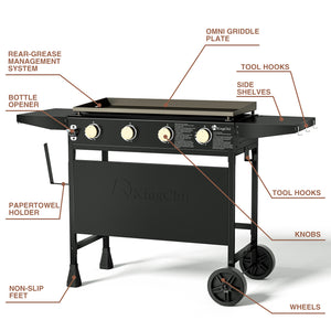 KingChii 30.6 Inch Outdoor Gas Griddle with Folding Side Shelves and Portable Cart