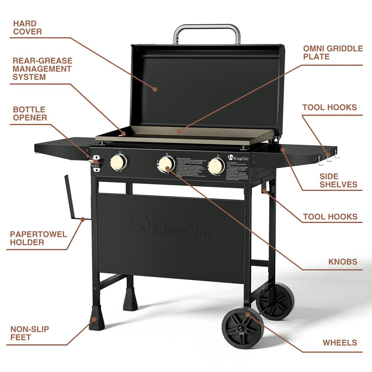 KingChii 27 Inch Flat Top Gas Grill Dimensions with Hard Cover and Side Shelves