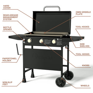 KingChii 27 Inch Flat Top Gas Grill Dimensions with Hard Cover and Side Shelves