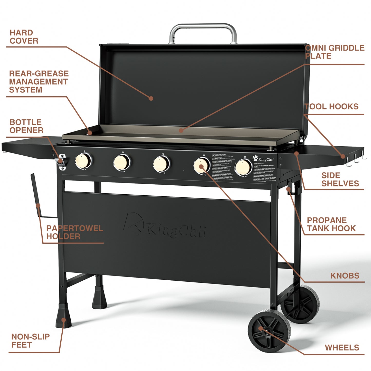 KingChii 5-Burner 38" Propane Griddle with Hard Cover for Camping, Tailgating, BBQ, Parties, Backyard & Patio