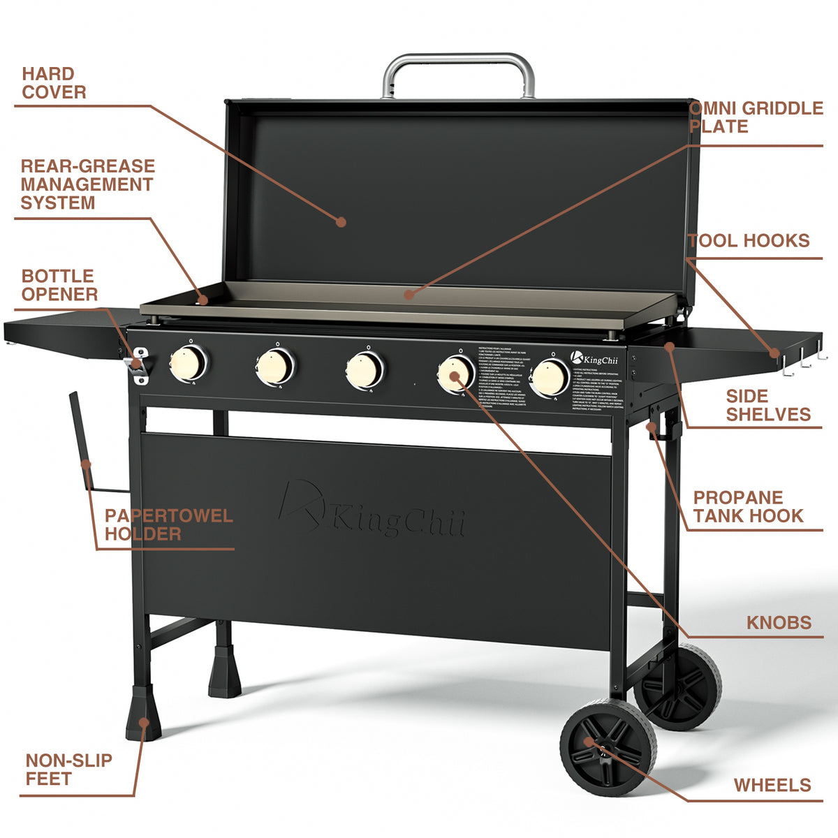 KingChii Portable Propane Flat Top Griddle with Hard Cover Side Shelves and Wheels