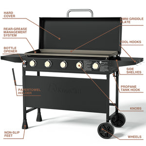 KingChii Portable Propane Flat Top Griddle with Hard Cover Side Shelves and Wheels