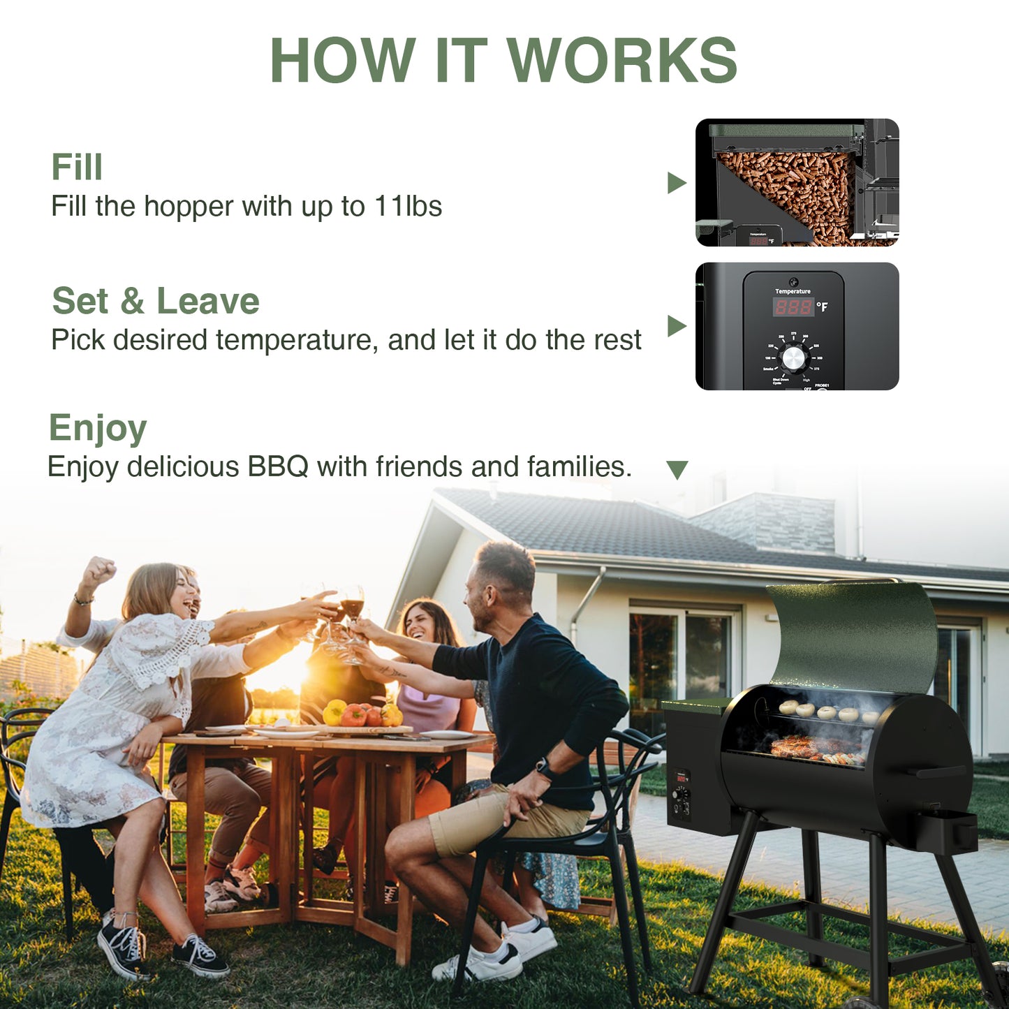 456 SQ.IN Wood Pellet Grill Smoker with Auto Temperature Control for Outdoor RV 8-in-1 BBQ Green with Rain Cover