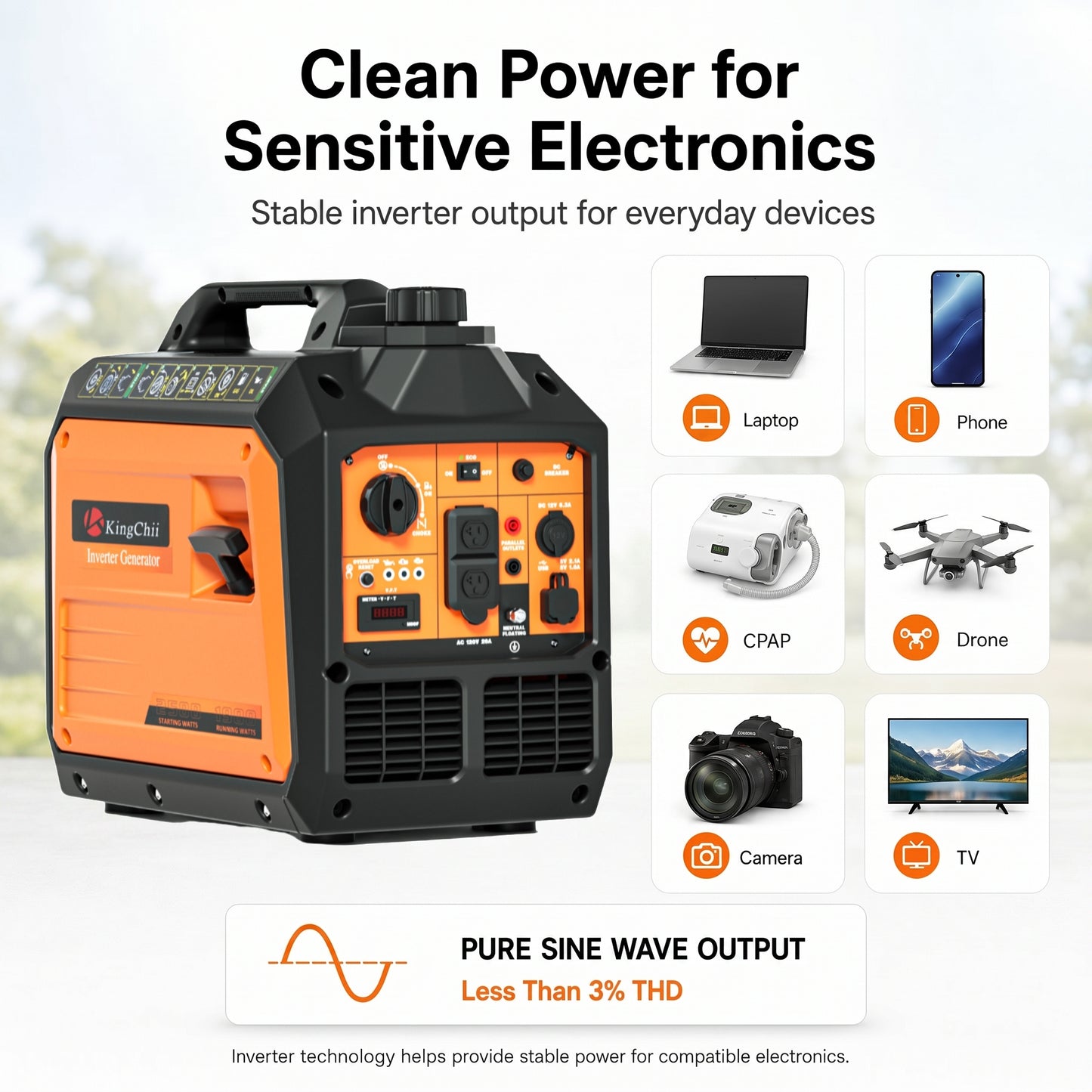 KingChii 2500W Portable Inverter Generator, Quiet Gas Powered Generator for Home Use, RV, Camping & Tailgating, ECO Mode, Parallel Ready, EPA Compliant