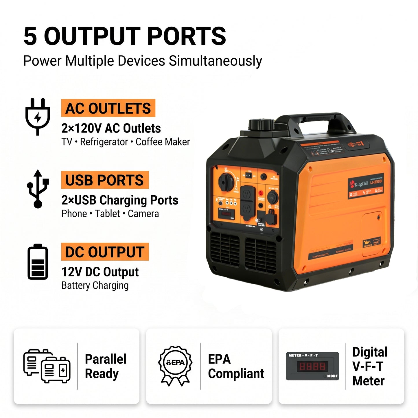 KingChii 2500W Portable Inverter Generator, Quiet Gas Powered Generator for Home Use, RV, Camping & Tailgating, ECO Mode, Parallel Ready, EPA Compliant
