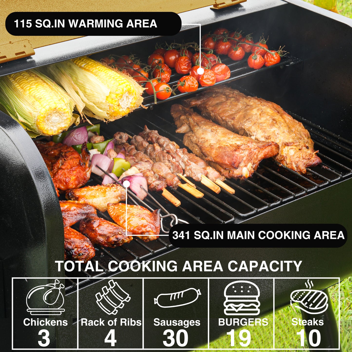 KingChii 456 SQ.IN. Wood Pellet Grill & Smoker with Automatic Temperature Control, Foldable Legs for Easy Storage and Transport, Multifunctional BBQ Grill for Outdoor Cooking