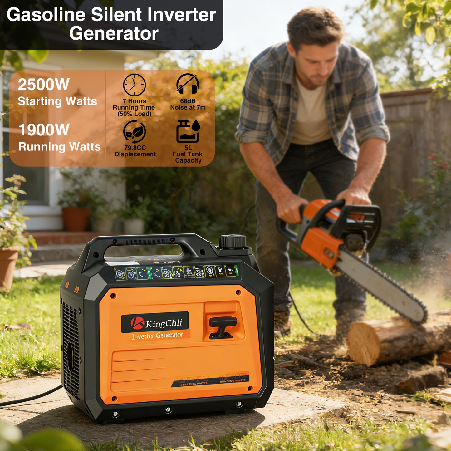 Kingchii 2500W Inverter Generator, Portable Gas Powered, RV Ready, ECO Mode, Low Oil Shutdown, EPA Compliant, for Camping & Home Backup