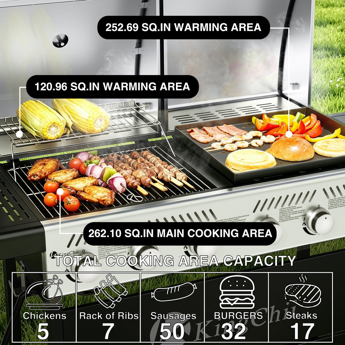 KingChii 2-in-1 Outdoor Gas Grill and Griddle Cooking Meat Vegetables and Breakfast