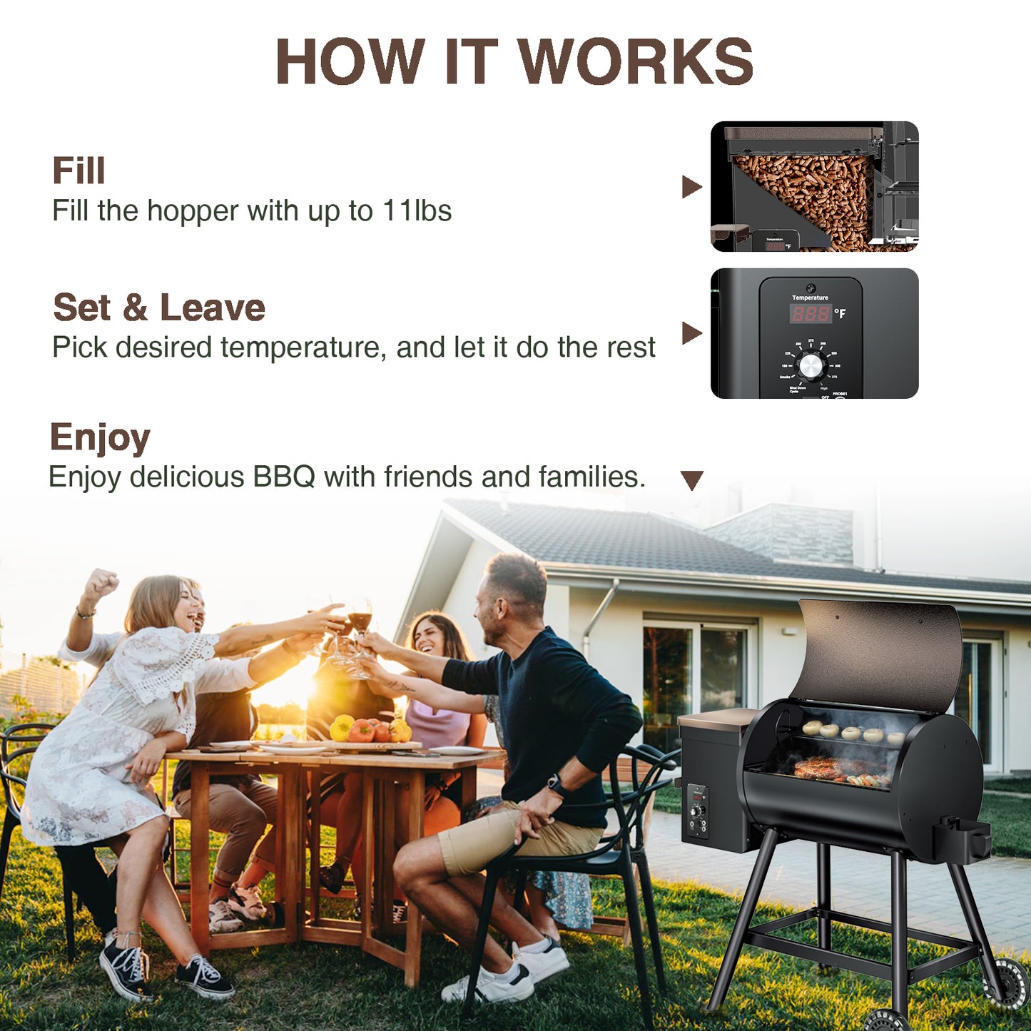 KingChii 456 SQ.IN Wood Pellet Grill Smoker with Auto Temperature Control for Outdoor RV 8-in-1 BBQ, Bronze