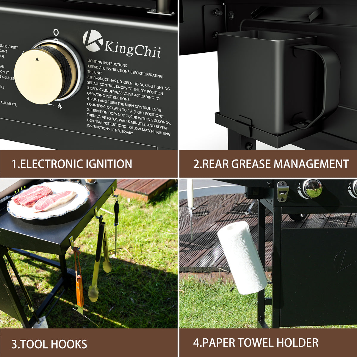 KingChii 3-Burner Gas Griddle with Adjustable Heat Controls and Grease Management System