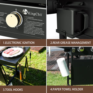 KingChii Propane Griddle Features with Hard Cover Grease Management and Side Shelves