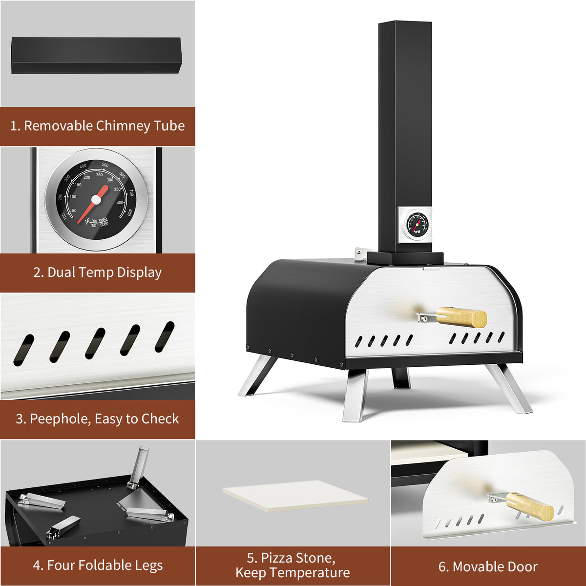 KingChii Tabletop Wood Fired Pizza Oven with 11 Inch Pizza Stone and Chimney