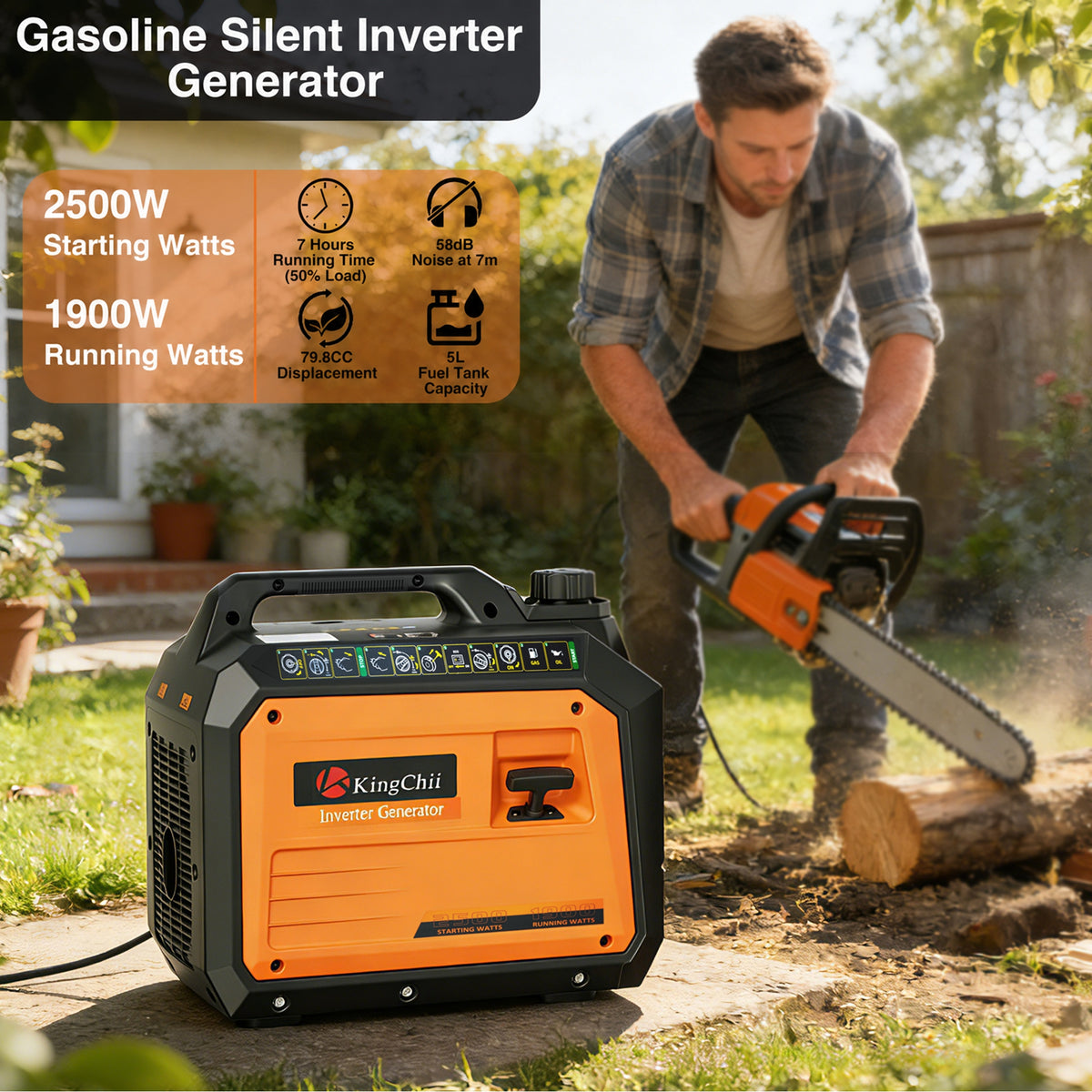 KingChii 2500 Watt Portable Inverter Generator, Gas Powered, EPA Compliant, up to 11H Runtime, Quiet 58dB for Home Backup, Camping, Outdoor Use & RV Travel