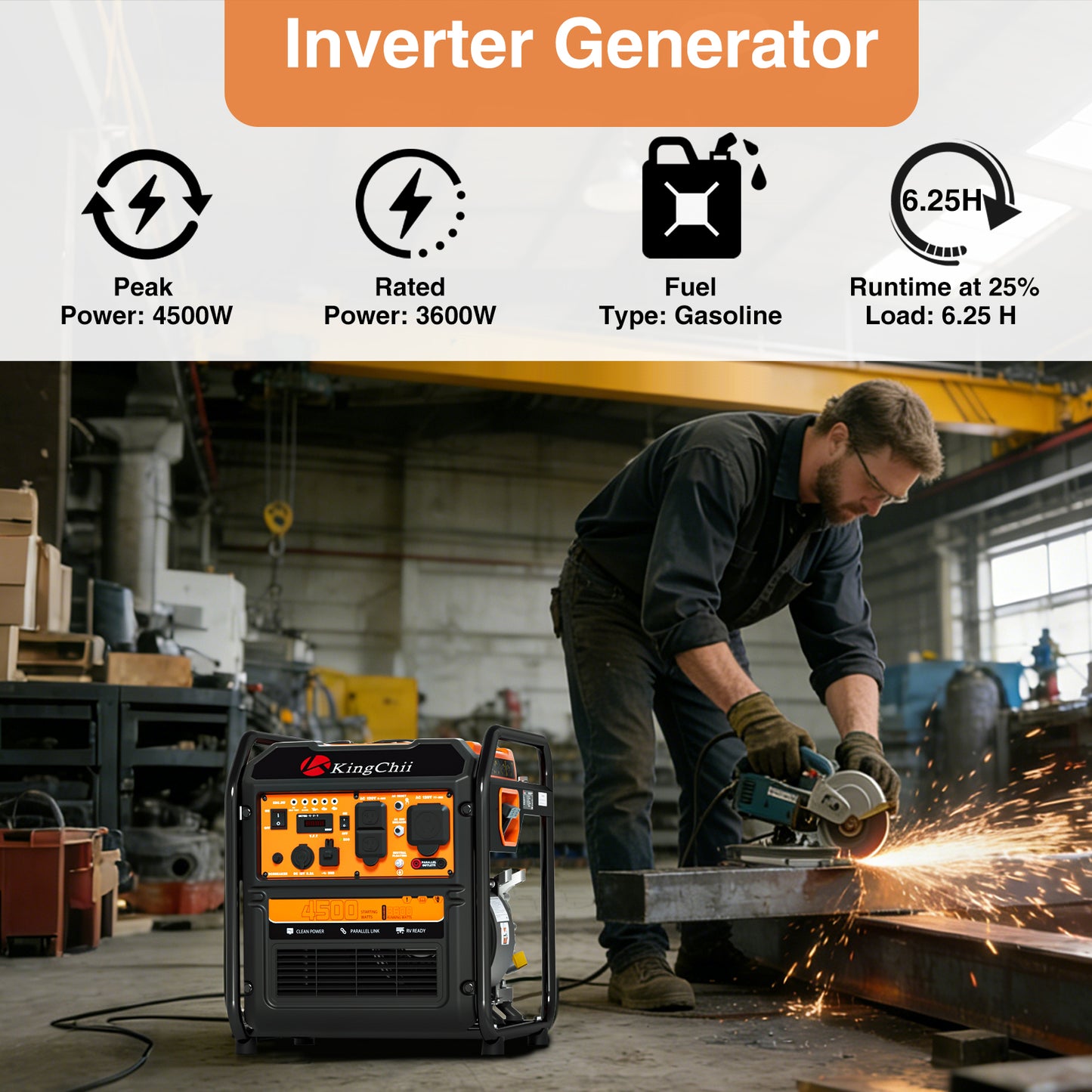 KingChii 4500W Inverter Generator Gas Powered, Open Frame Generator with CO Sensor, Portable Outdoor Power Equipment for Camping, RV & Home Backup, EPA Compliant