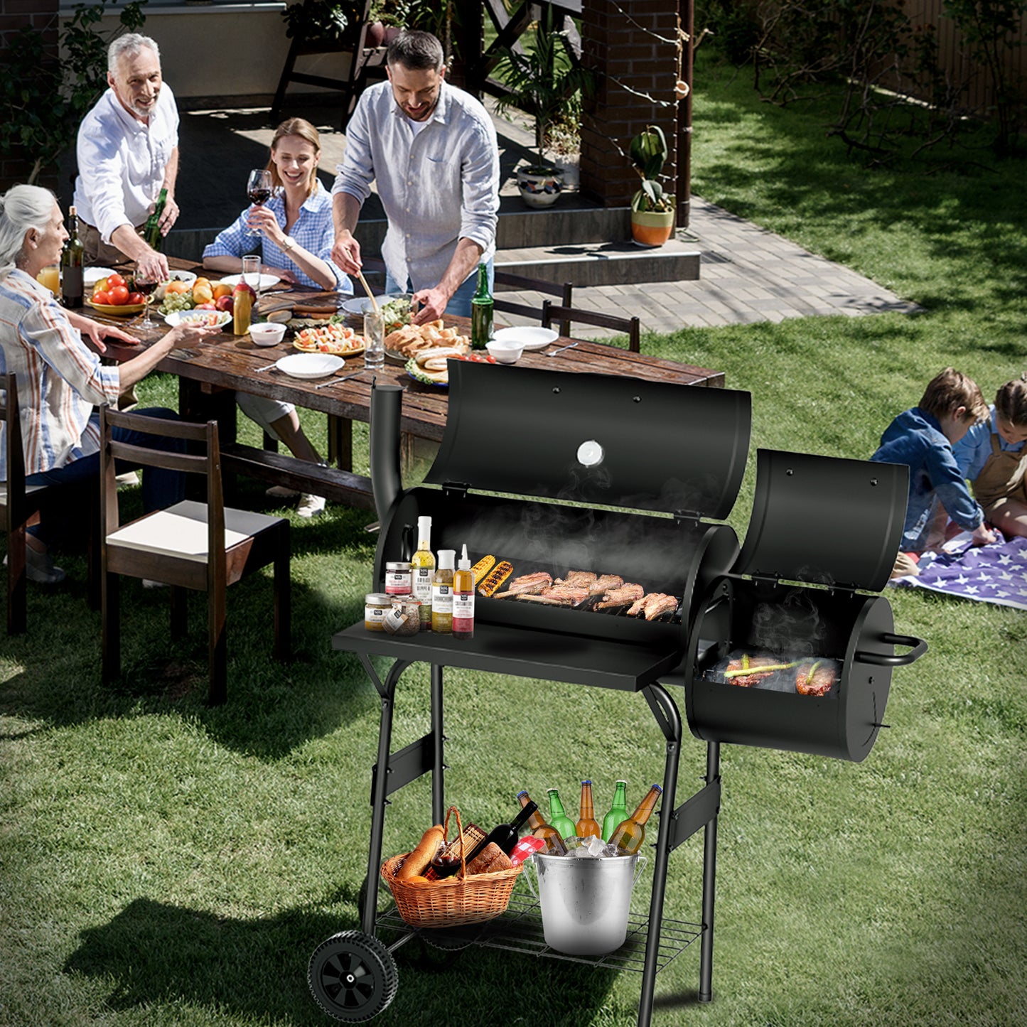 KingChii BBQ Charcoal Smoker and Grills, Offset Smoker for Outdoor, Garden, Patio and Backyard, Black