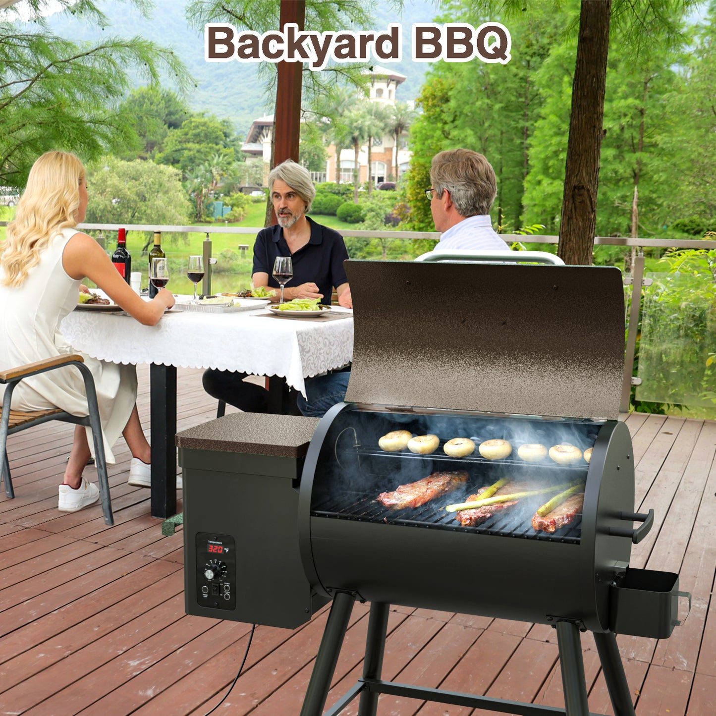 KingChii 456 SQ.IN Wood Pellet Grill Smoker with Auto Temperature Control for Outdoor RV 8-in-1 BBQ, Bronze