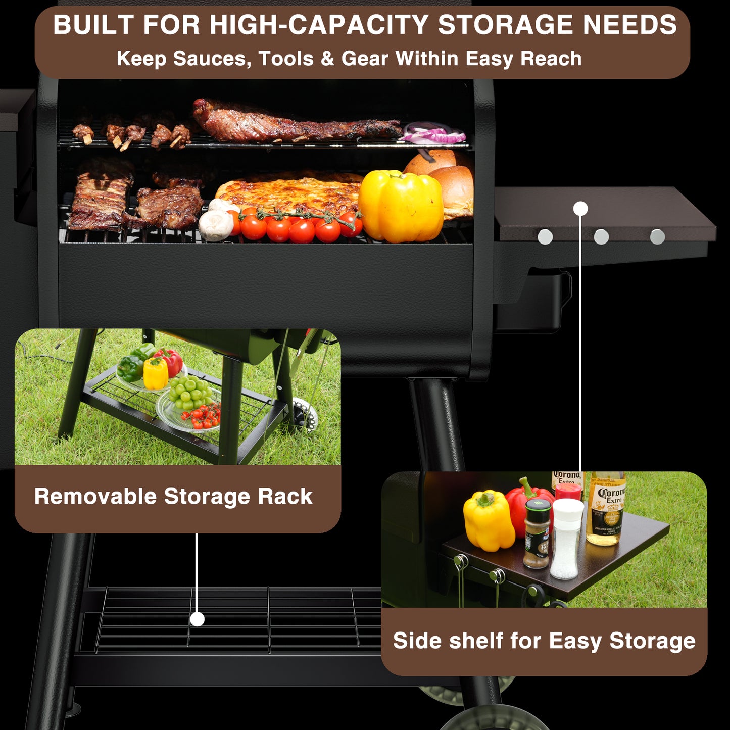 KingChii Pellet Grill Smoker with Side Shelf, 456 SQ.IN Grill with PID Temperature Control for Outdoor Cooking, BBQ Camping and Patio, Brown