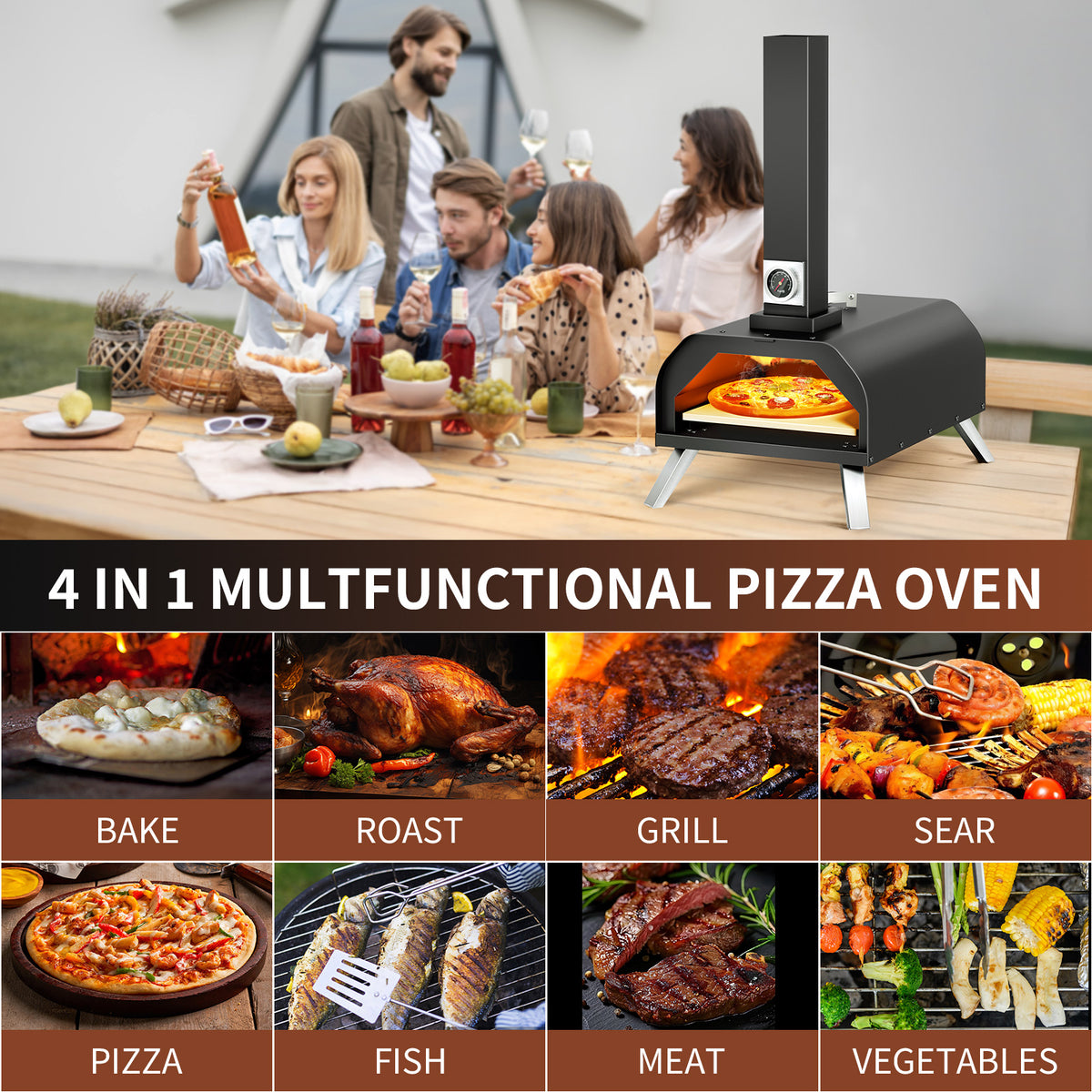 KingChii 4-in-1 Outdoor Pizza Oven for Pizza Meat Vegetables and Wood Fired Cooking