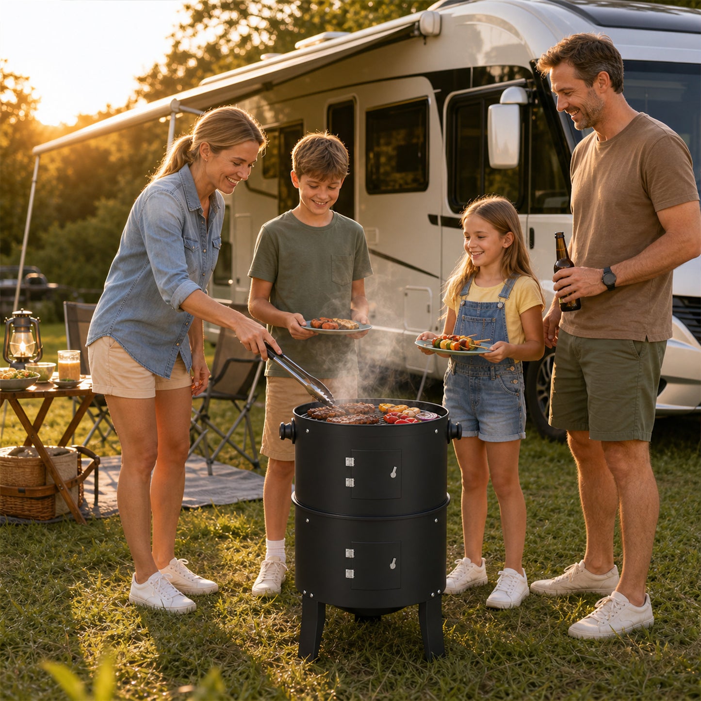 KingChii 3 in 1 Vertical Charcoal Smoker Grill BBQ Smoker for Outdoor, Patio Backyard Camping, Black