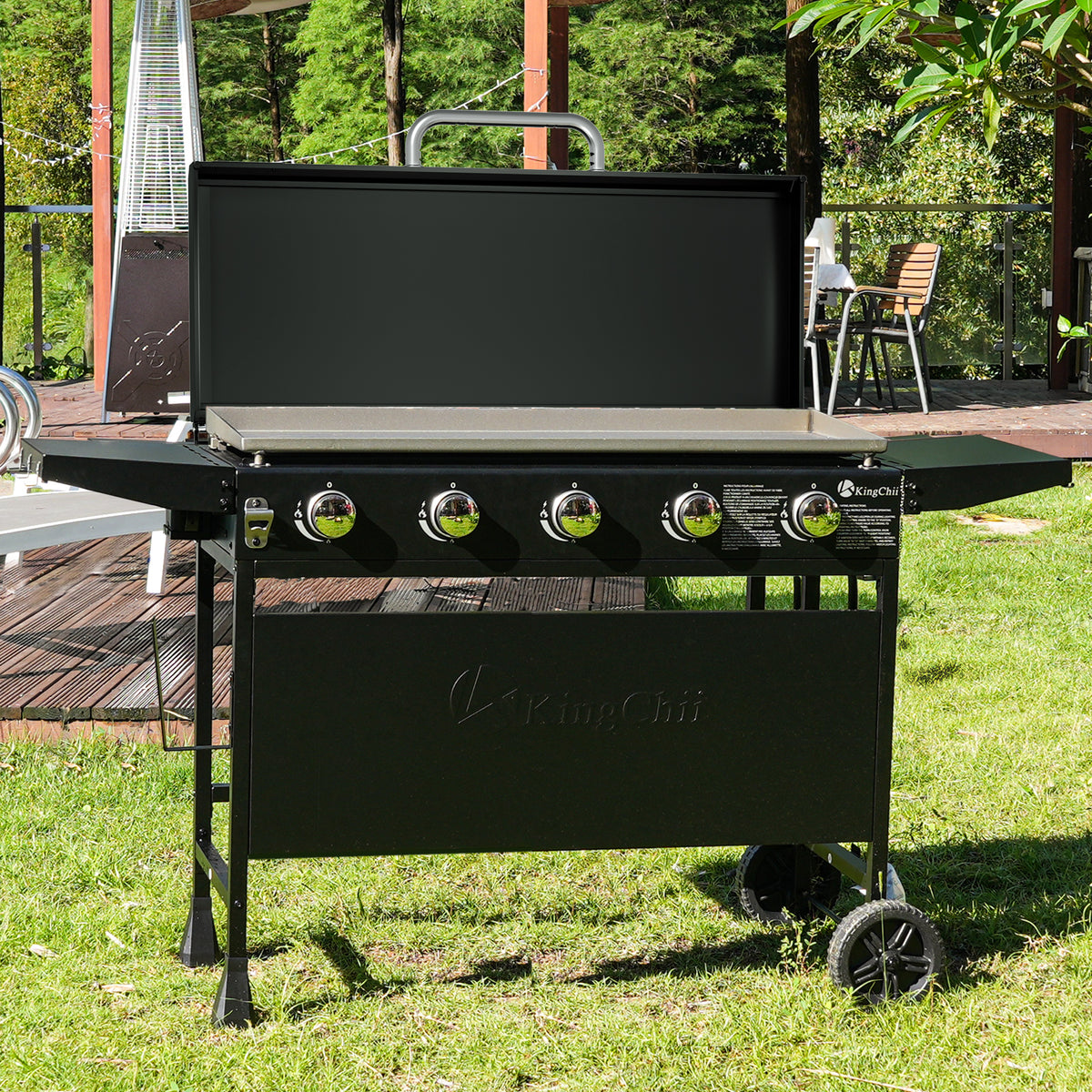 KingChii 5-Burner Propane Flat Top Grill with Side Shelves for Outdoor Cooking