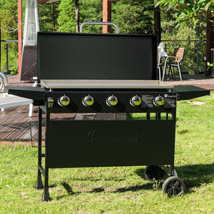 KingChii 5-Burner Propane Flat Top Grill with Side Shelves for Outdoor Cooking