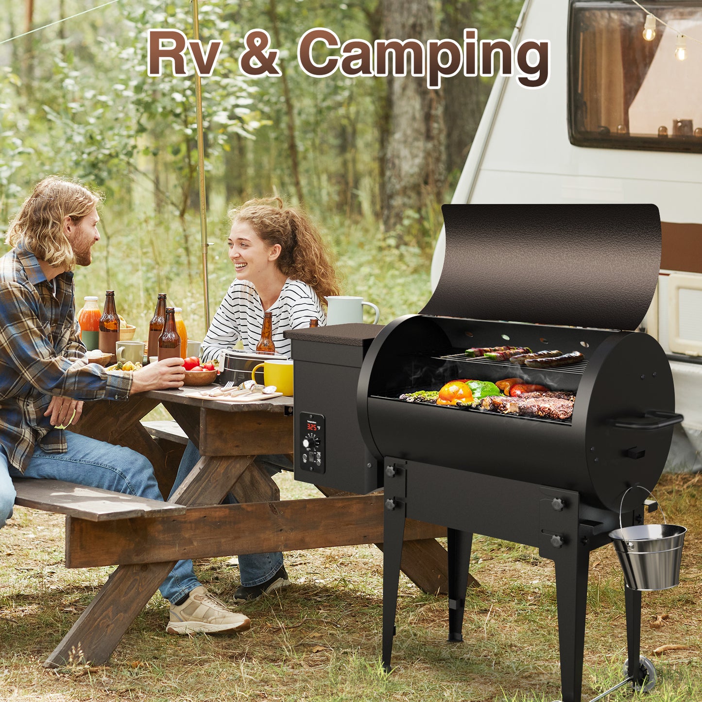 KingChii 456 sq. in Wood Pellet Smoker & Grill BBQ with Auto Temperature Controls, Folding Legs for Outdoor Patio RV, Bronze