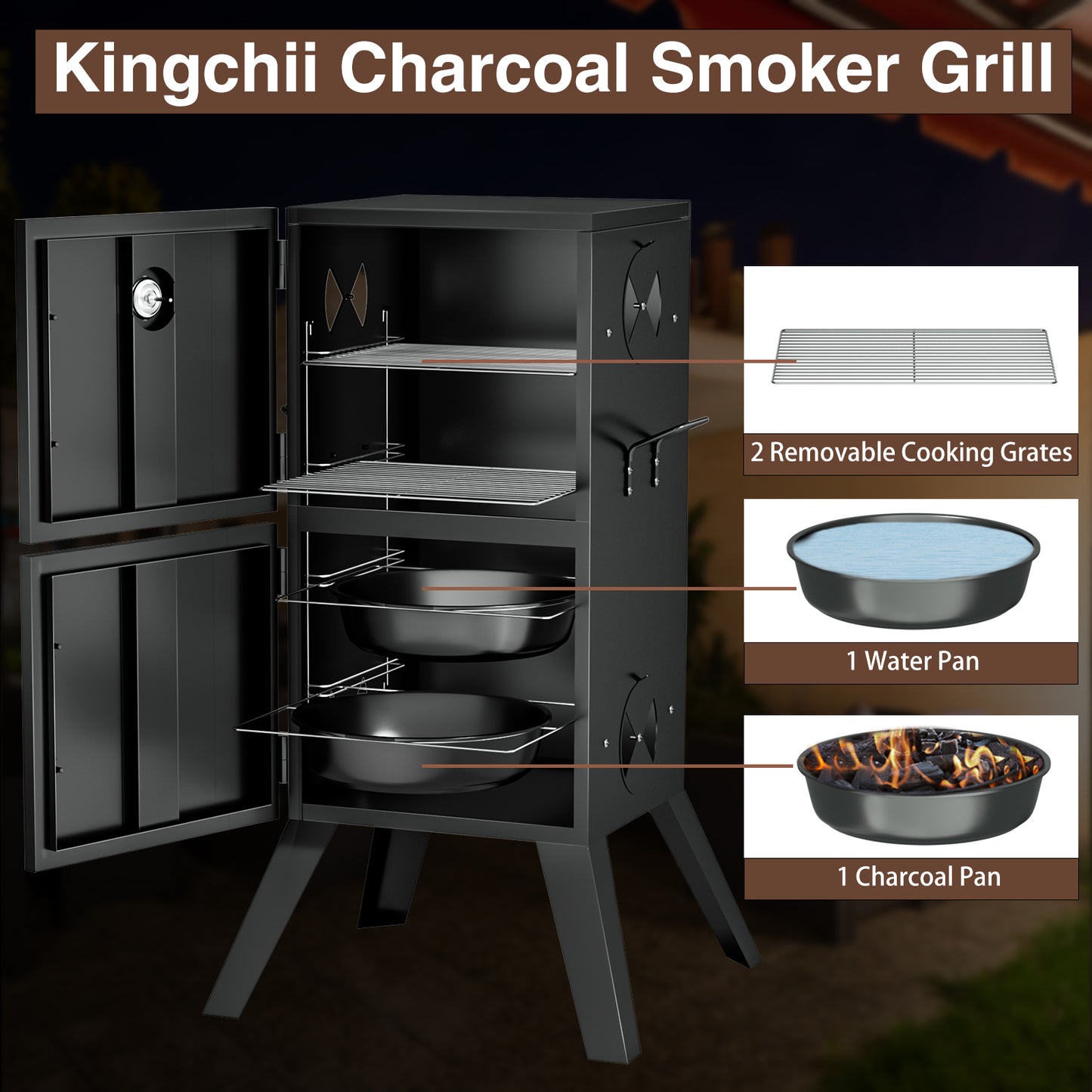 Kingchii Vertical Charcoal Smoker BBQ Grill, Portable Smoker for Backyard, Camping, Barbecue, and Outdoor Grilling