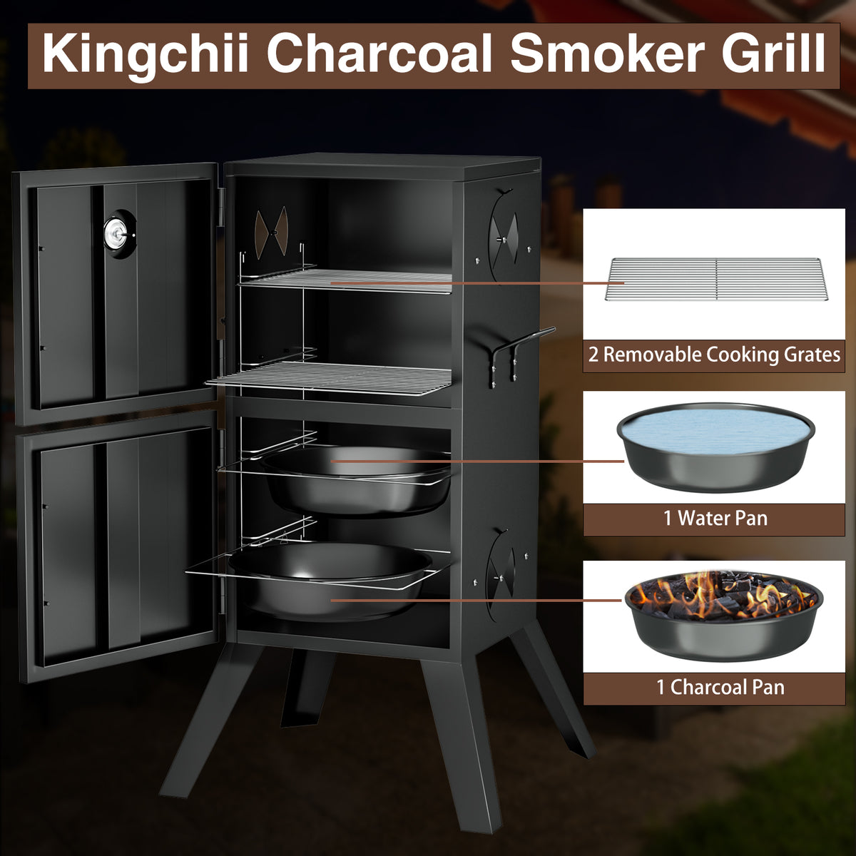 KingChii Vertical BBQ Smoker with Multiple Cooking Racks for Meat and Vegetables
