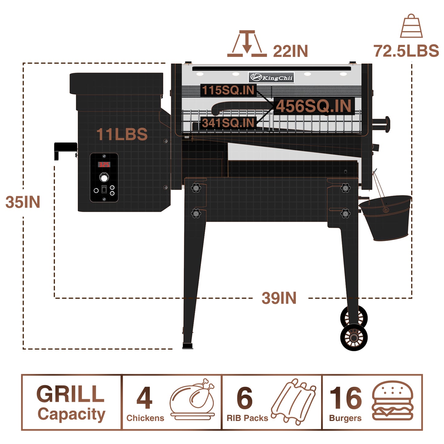 KingChii 456 sq. in Wood Pellet Smoker & Grill BBQ with Auto Temperature Controls, Folding Legs for Outdoor Patio RV (Rain Cover Included), Bronze