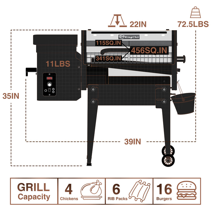 KingChii 456 sq. in Wood Pellet Smoker & Grill BBQ with Auto Temperatu