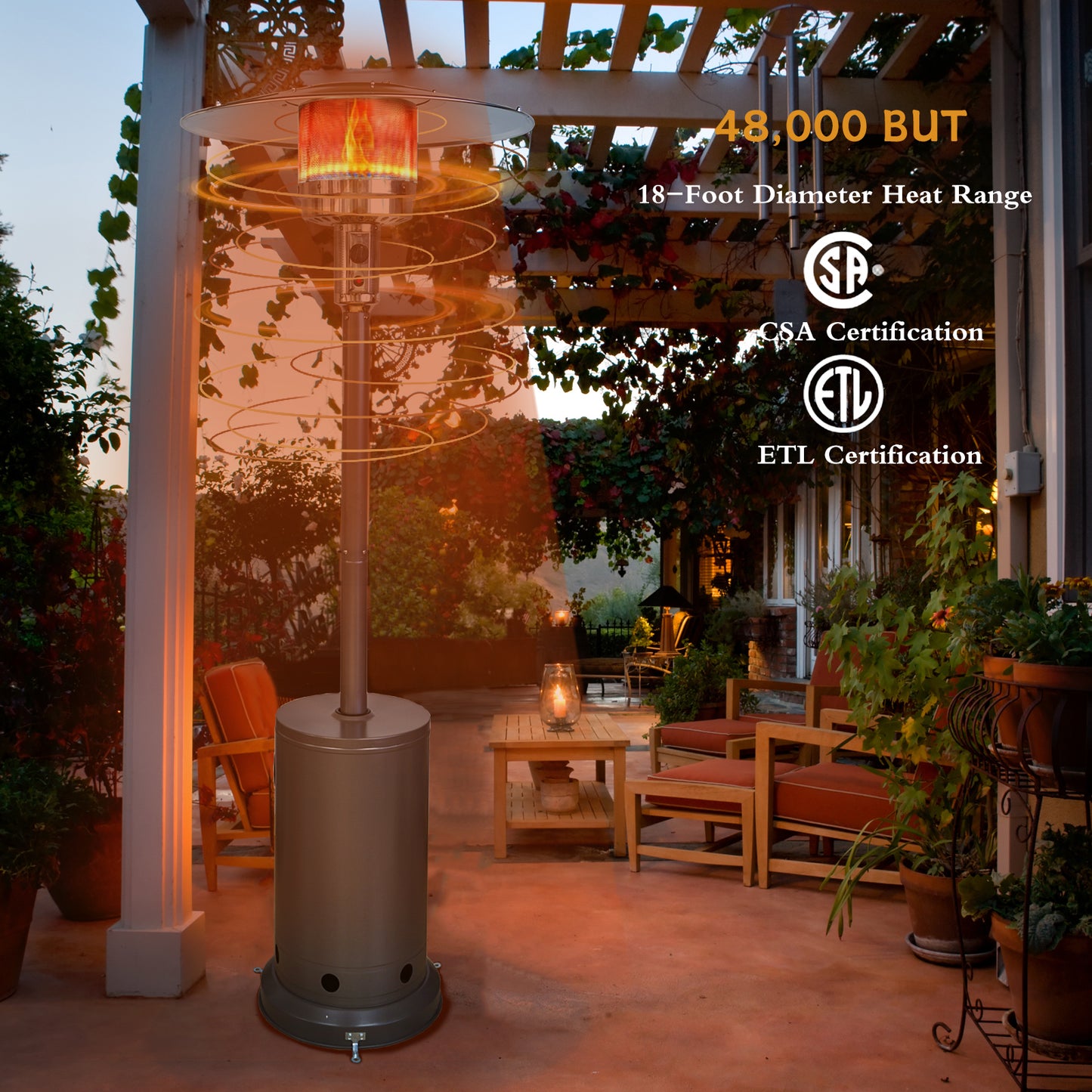 KingChii 48,000 BTU Propane Gas Outdoor Freestanding Patio Heater, Stainless Steel