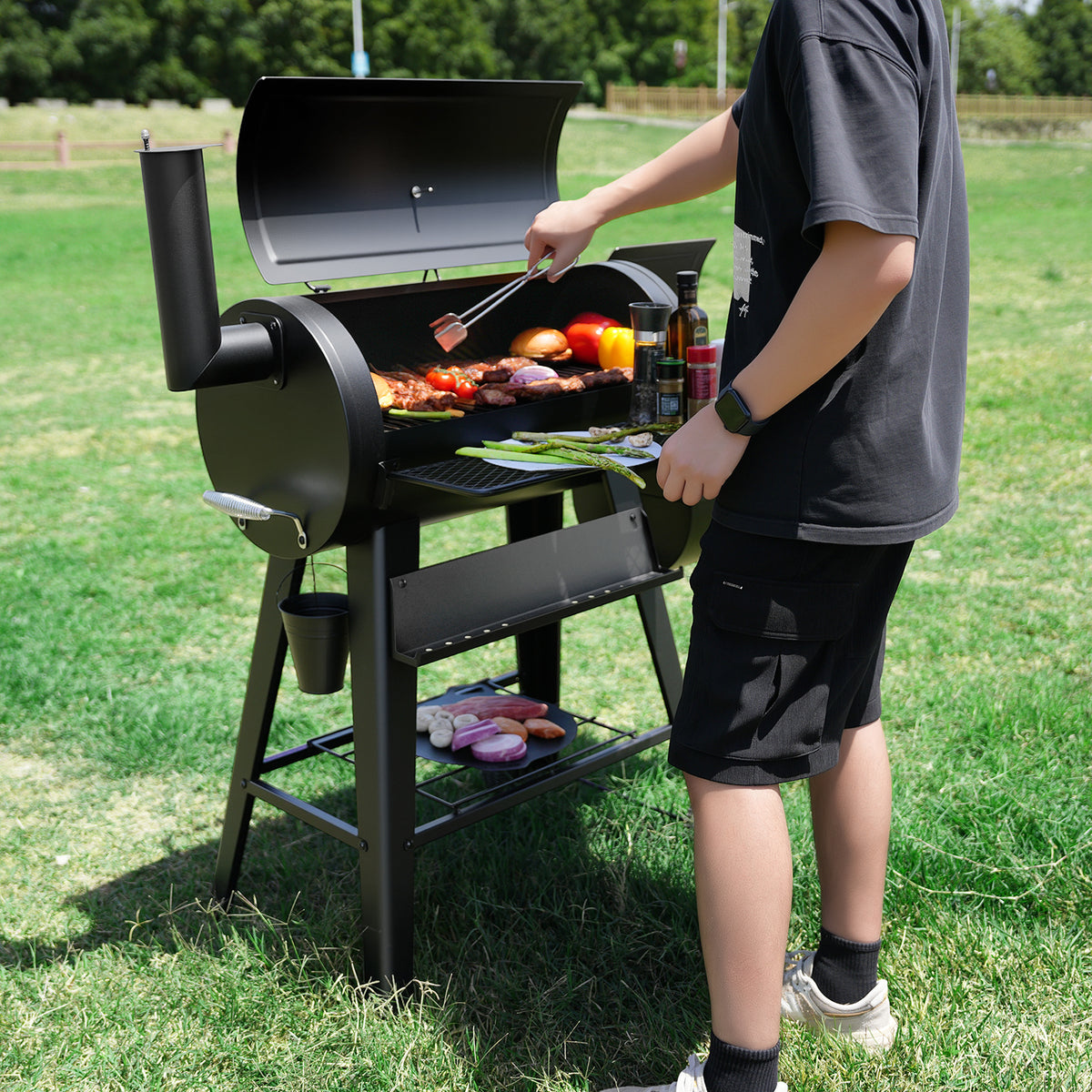 KingChii Portable Charcoal BBQ Smoker Grill with Wheels for Outdoor Patio Cooking