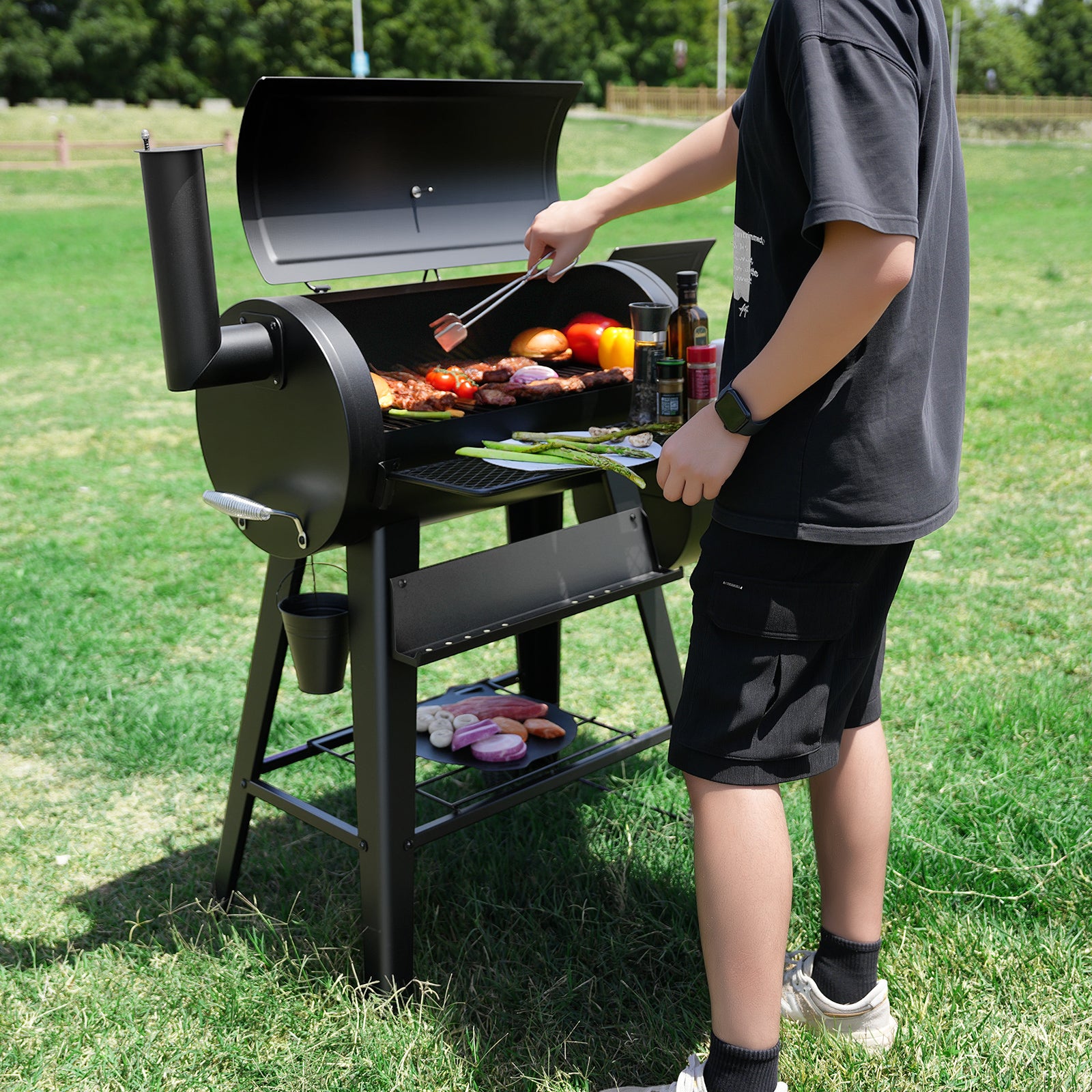 KingChii Portable Charcoal BBQ Smoker Grill with Wheels for Outdoor Patio Cooking