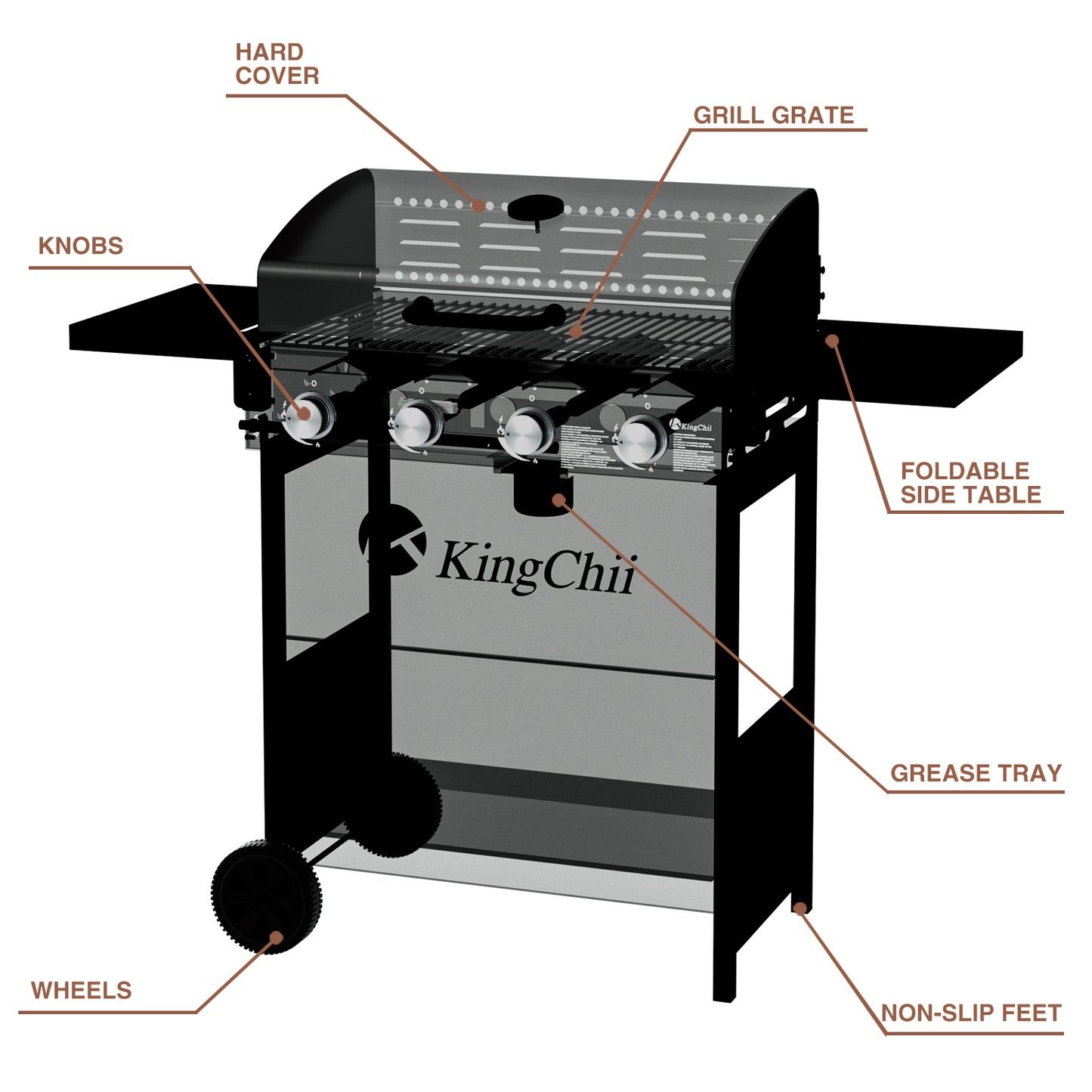 Kingchii 4-Burner Gas Grill 38,000 BTUs Propane Grill with Side Tables for Outdoor Grilling, BBQs and Camping