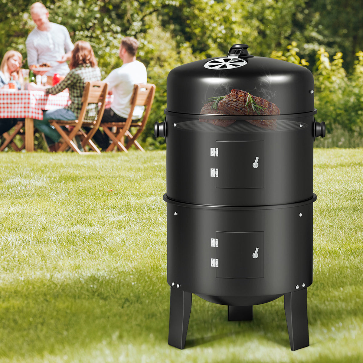 KingChii 3-in-1 Charcoal BBQ Smoker for Backyard Family Grilling and Outdoor Cooking