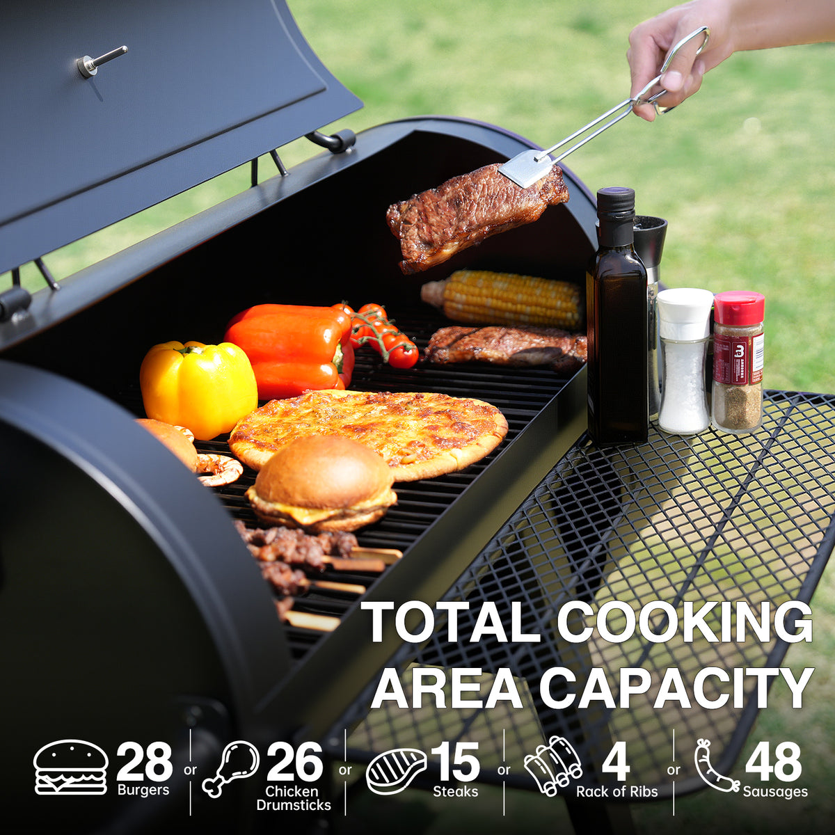 547 Sq In Offset Charcoal Grill and Smoker with Large BBQ Cooking Area