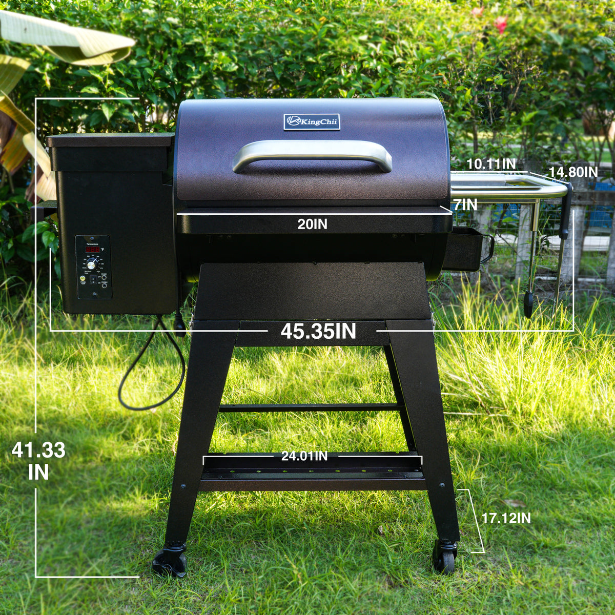 KingChii Pellet Grill and Smoker Cooking Steak and Vegetables Outdoors