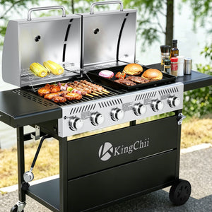 KingChii Dual Propane BBQ Grill and Flat Top Griddle for Outdoor Patio Cooking