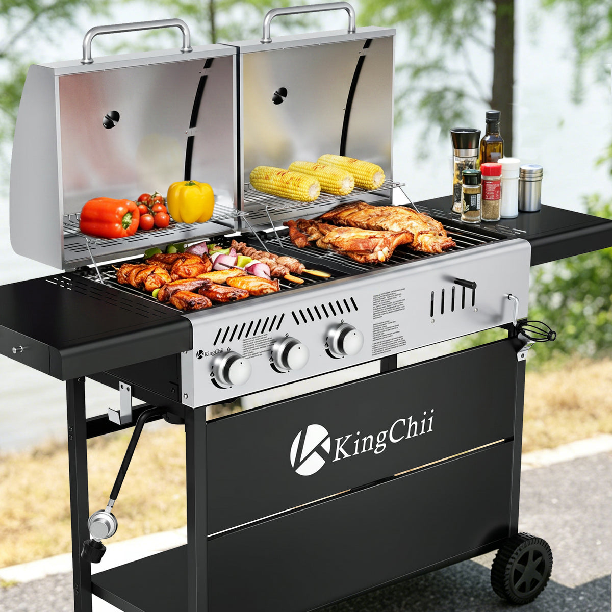 KingChii Dual Fuel Grill Cooking Burgers and Vegetables for Outdoor Family BBQ
