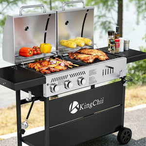 KingChii Dual Fuel Grill Cooking Burgers and Vegetables for Outdoor Family BBQ