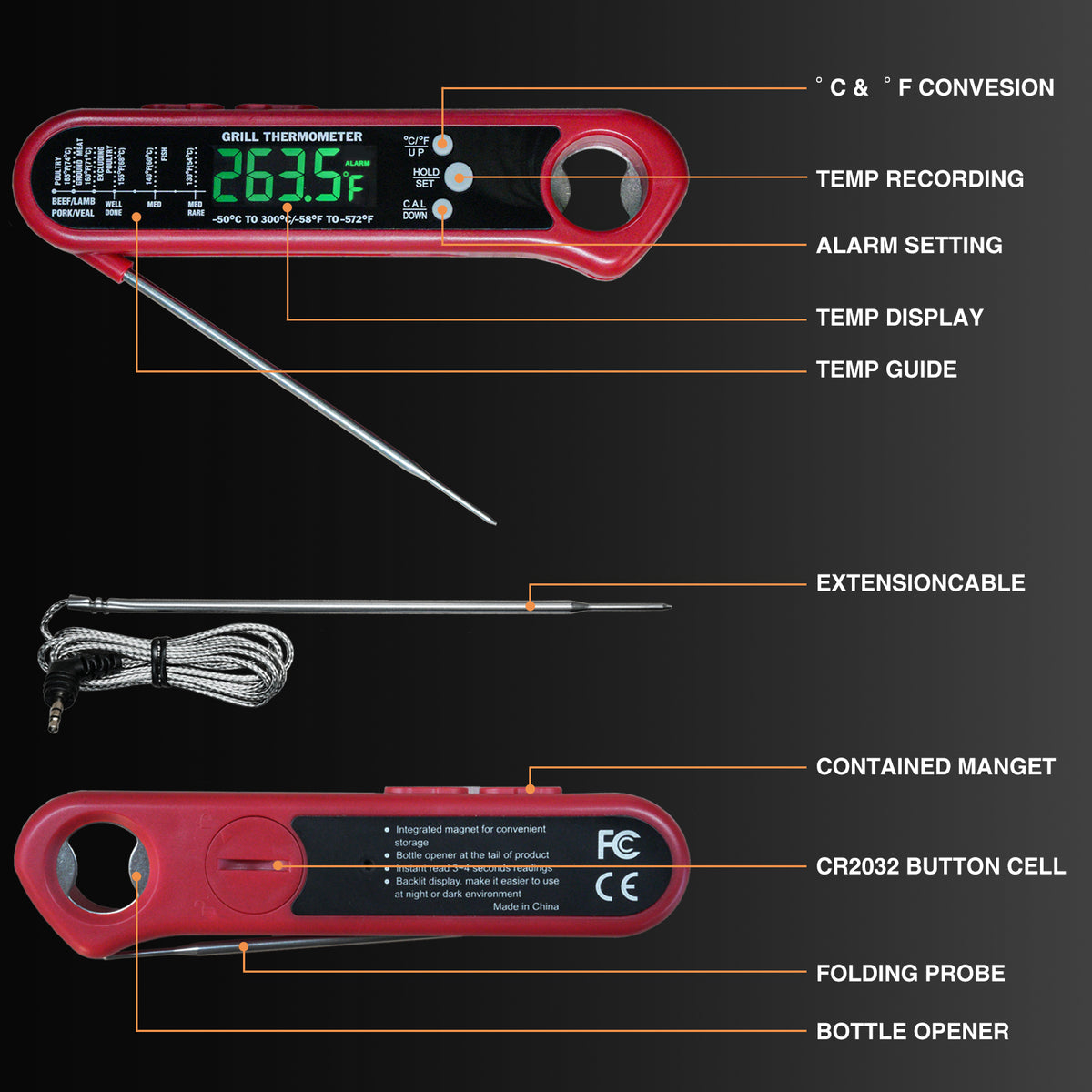 KingChii Magnetic Digital Meat Thermometer for Easy Kitchen and Grill Storage