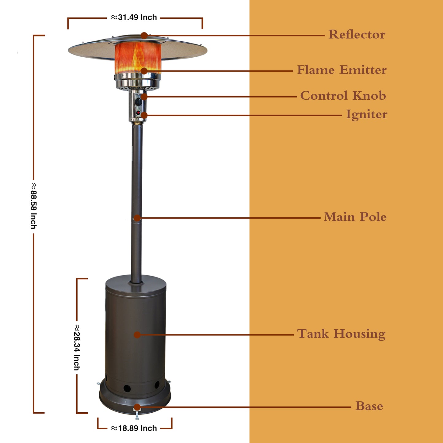 KingChii 48,000 BTU Propane Gas Outdoor Freestanding Patio Heater, Stainless Steel