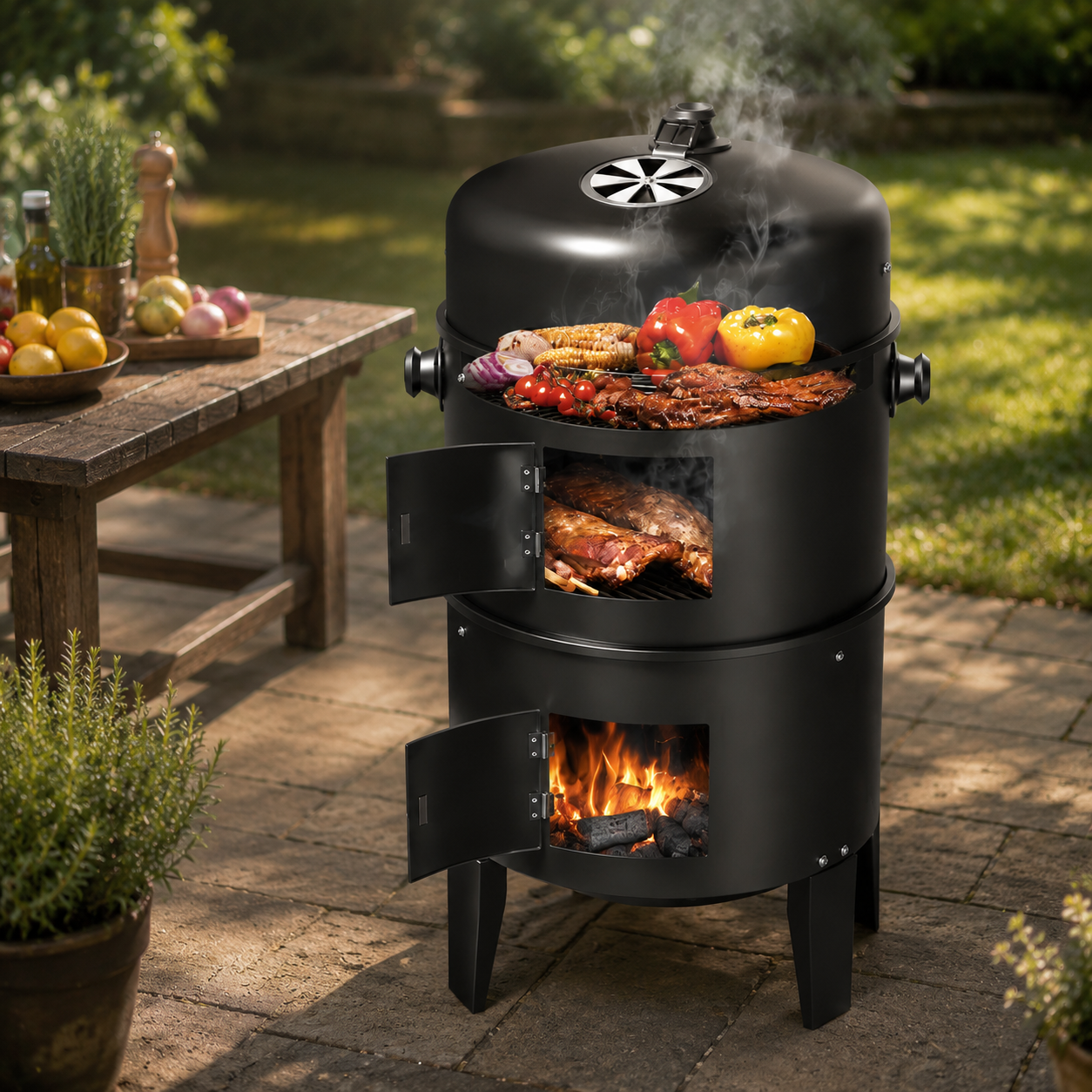KingChii 3 in 1 Vertical Charcoal Smoker Grill BBQ Smoker for Outdoor, Patio Backyard Camping, Black