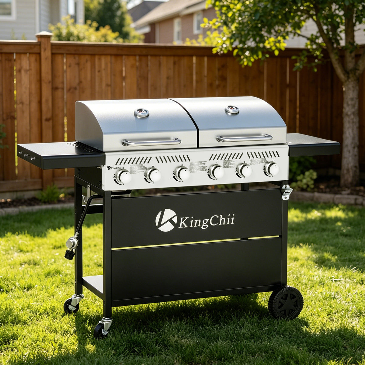 KingChii Portable Gas Grill Griddle Combo with Wheels for Backyard BBQ and Parties