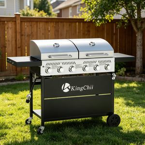 KingChii Portable Gas Grill Griddle Combo with Wheels for Backyard BBQ and Parties