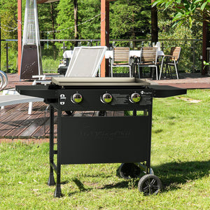 27 Inch 3-Burner Outdoor Gas Griddle with Side Shelves for Patio Cooking