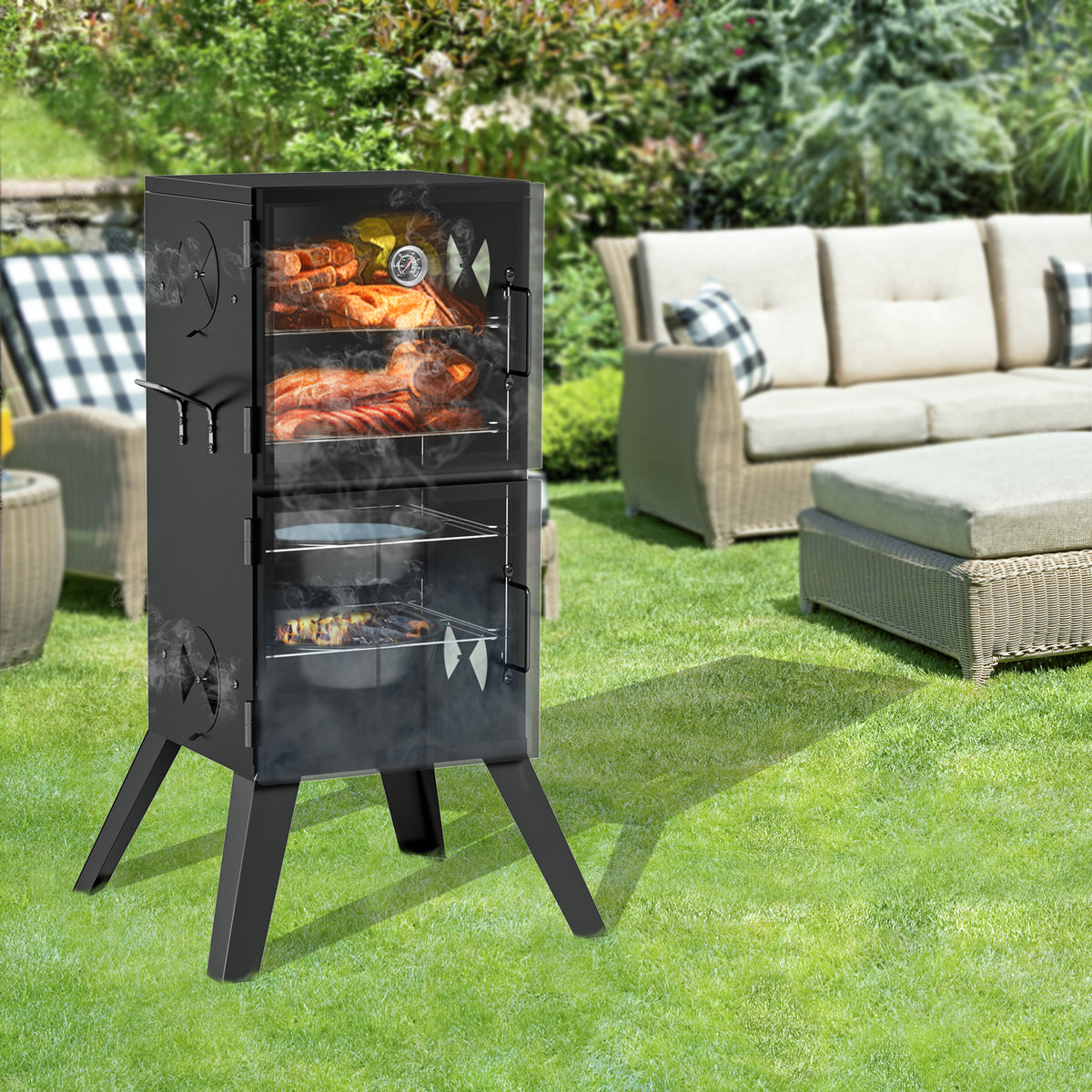 KingChii Portable Vertical Charcoal Smoker Grill for Backyard BBQ and Patio Cooking