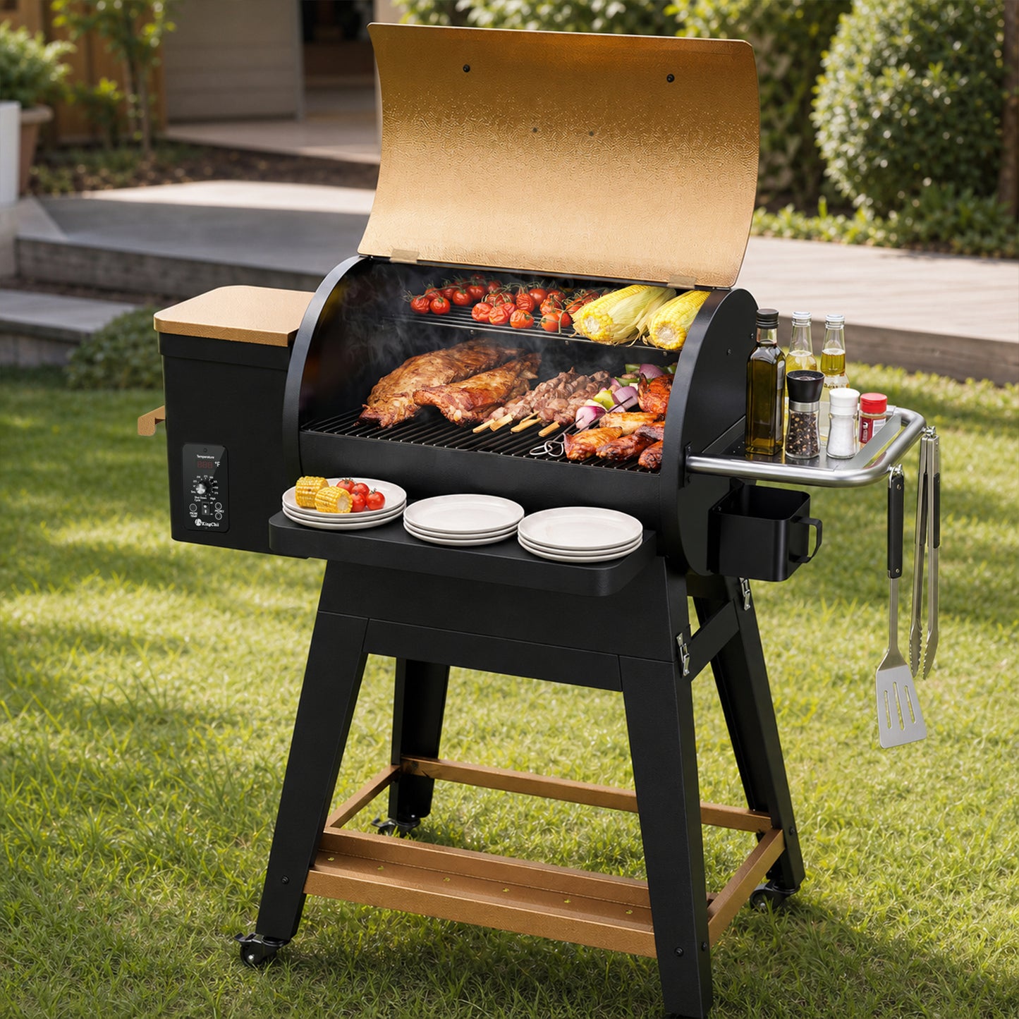 KingChii Wood Pellet Grill & Smoker with Detachable Body and Legs, Electric Pellet Smoker Grill, 485 Sq. In. Cooking Capacity, Easy to Move & Compact Storage for Outdoor Patio BBQ(Up to 425°F)