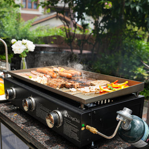 KingChii Portable Gas Griddle Cooking Steak and Vegetables for Outdoor BBQ