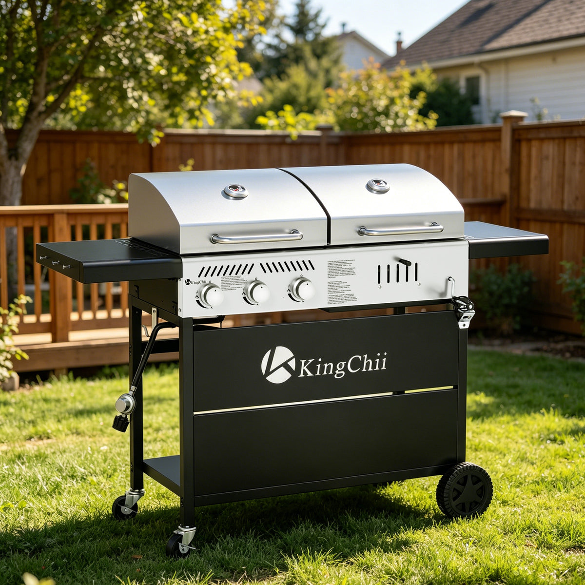 KingChii Gas and Charcoal Grill Combo with Wheels for Patio and Backyard Cooking